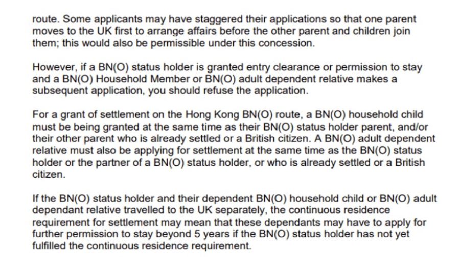 配偶和子女可分開申請 BNO Visa