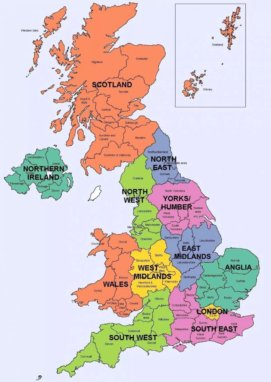 英格蘭分為9個區域