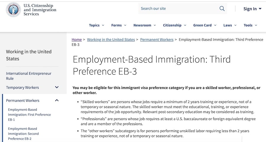 美國移民計劃EB-3 職業移民申請條件